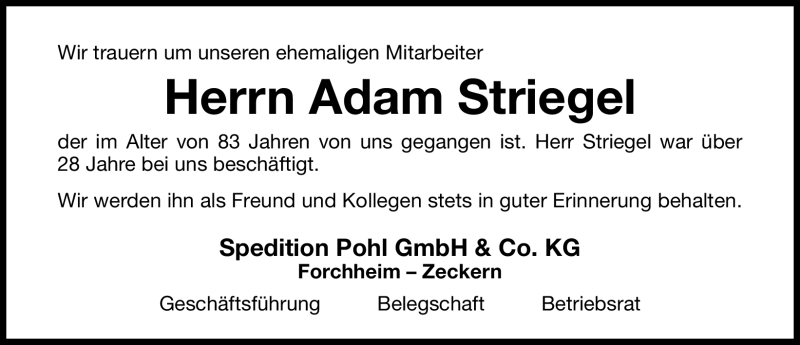  Traueranzeige für Adam Striegel vom 25.03.2011 aus Nürnberger Nachrichten
