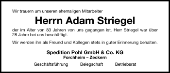 Traueranzeige von Adam Striegel von Nürnberger Nachrichten