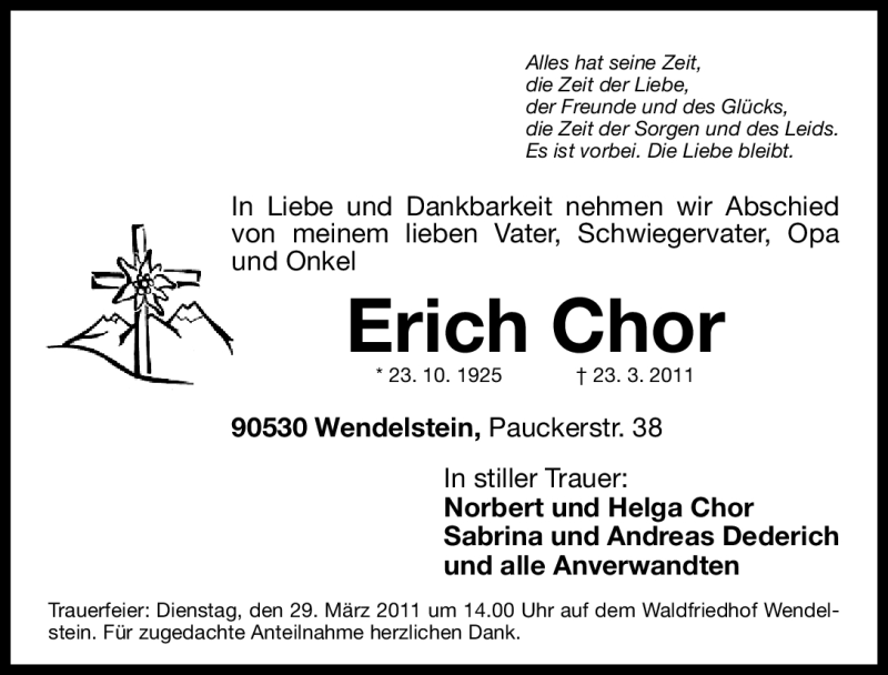  Traueranzeige für Erich Chor vom 26.03.2011 aus Nürnberger Nachrichten