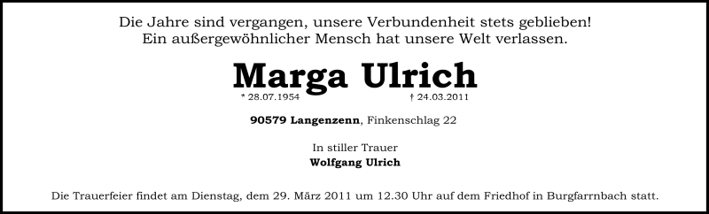  Traueranzeige für Marga Ulrich vom 26.03.2011 aus Nürnberger Nachrichten