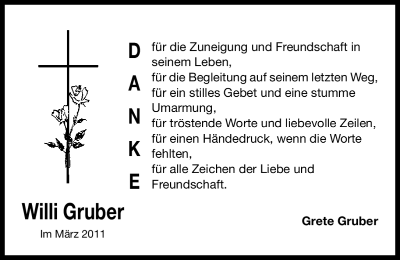  Traueranzeige für Willi Gruber vom 26.03.2011 aus Nürnberger Nachrichten