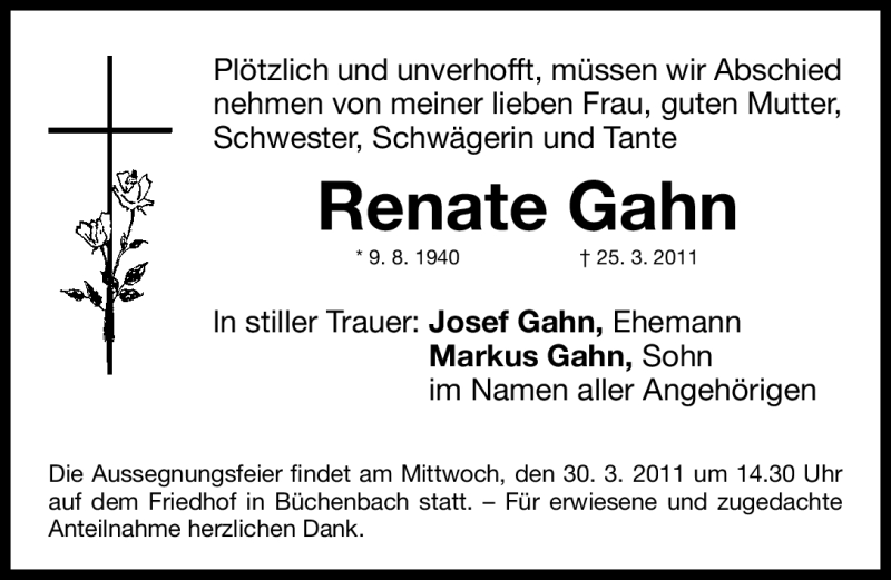  Traueranzeige für Renate Gahn vom 29.03.2011 aus Nürnberger Nachrichten