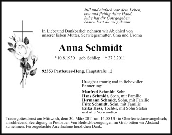 Traueranzeige von Anna Schmidt von Nürnberger Nachrichten