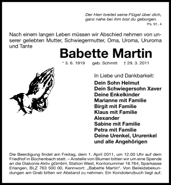 Traueranzeige von Babette Martin von Nürnberger Nachrichten