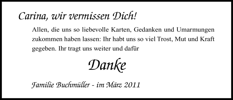  Traueranzeige für Carina Buchmüller vom 02.04.2011 aus Nürnberger Nachrichten