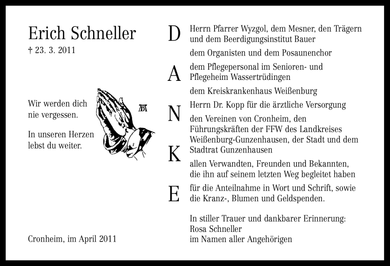  Traueranzeige für Erich Schneller vom 02.04.2011 aus Nürnberger Nachrichten