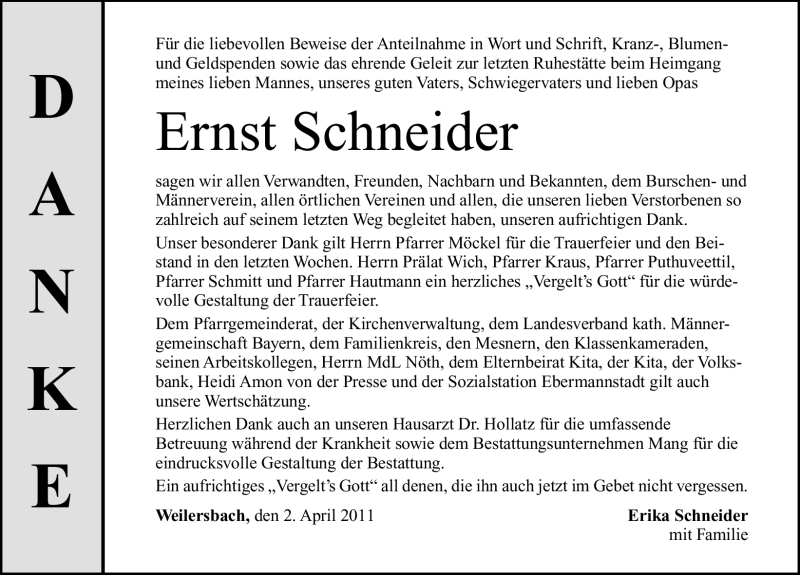  Traueranzeige für Ernst Schneider vom 02.04.2011 aus Nürnberger Nachrichten