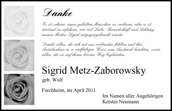 Traueranzeige von Sigrid Metz-Zaborowsky von Nürnberger Nachrichten