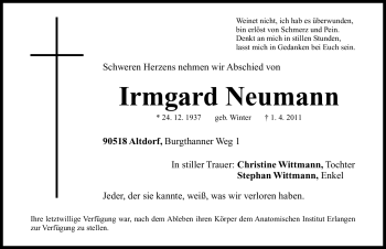 Traueranzeige von Irmgard Neumann von Nürnberger Nachrichten