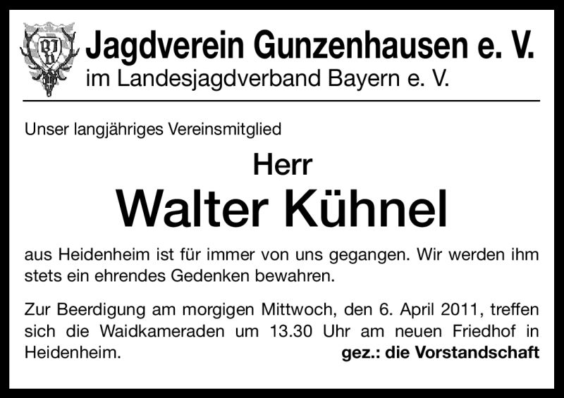  Traueranzeige für Walter Kühnel vom 05.04.2011 aus Nürnberger Nachrichten