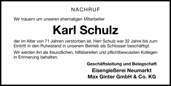 Traueranzeige von Karl Schulz von Nürnberger Nachrichten
