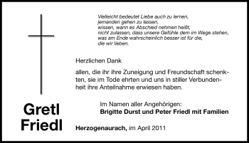 Traueranzeige von Gretl Friedl von Nürnberger Nachrichten
