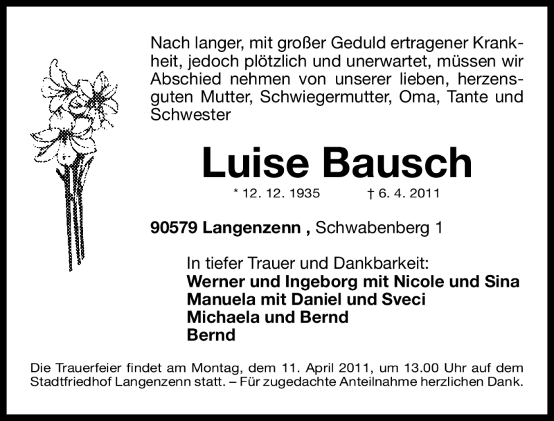  Traueranzeige für Luise Bausch vom 08.04.2011 aus Nürnberger Nachrichten