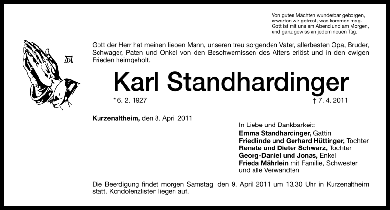  Traueranzeige für Karl Standhardinger vom 08.04.2011 aus Nürnberger Nachrichten