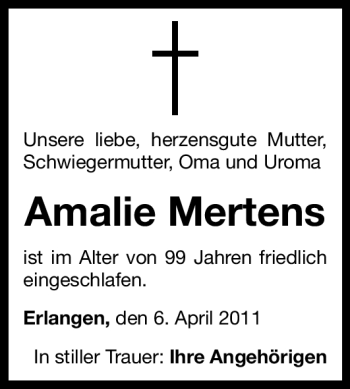 Traueranzeige von Amalie Mertens von Nürnberger Nachrichten