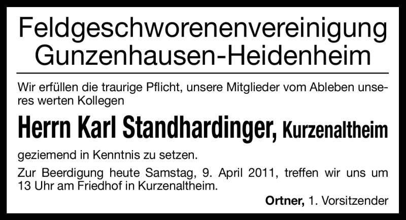  Traueranzeige für Karl Standhardinger vom 09.04.2011 aus Nürnberger Nachrichten