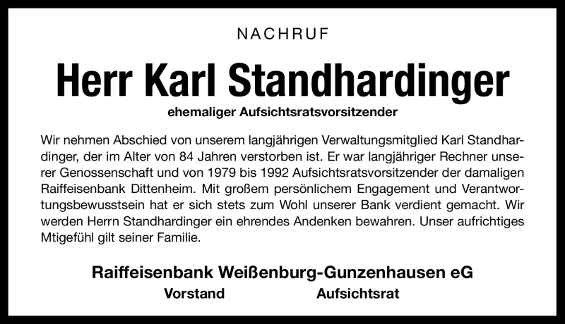 Traueranzeige für Karl Standhardinger vom 09.04.2011 aus Nürnberger Nachrichten
