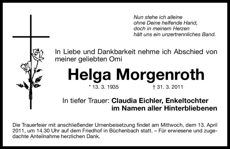  Traueranzeige für Helga Morgenroth vom 09.04.2011 aus Nürnberger Nachrichten
