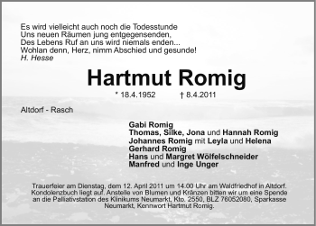 Traueranzeige von Hartmut Romig von Nürnberger Nachrichten