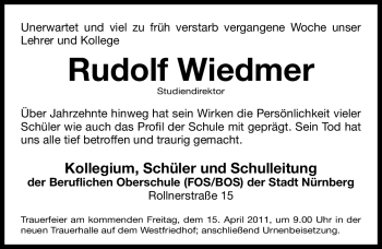 Traueranzeige von Rudolf Wiedmer von Nürnberger Nachrichten