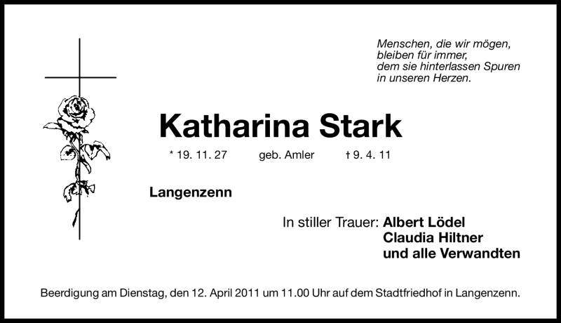  Traueranzeige für Katharina Stark vom 11.04.2011 aus Nürnberger Nachrichten