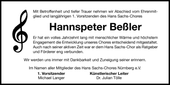 Traueranzeige von Hannspeter Beßler von Nürnberger Nachrichten