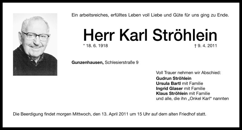  Traueranzeige für Karl Ströhlein vom 12.04.2011 aus Nürnberger Nachrichten