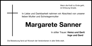 Traueranzeige von Margarete Sanner von Nürnberger Nachrichten