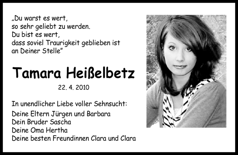  Traueranzeige für Tamara Heißelbetz vom 23.04.2011 aus Nürnberger Nachrichten