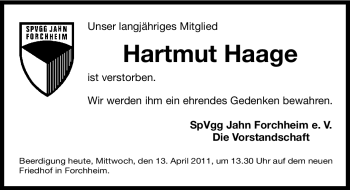 Traueranzeige von Hartmut Haage von Nürnberger Nachrichten