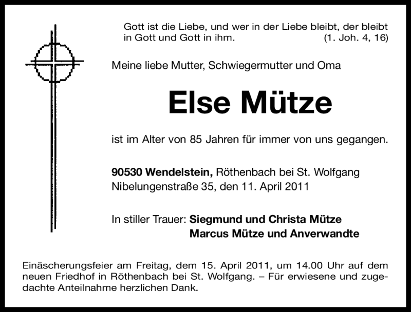  Traueranzeige für Else Mütze vom 13.04.2011 aus Nürnberger Nachrichten