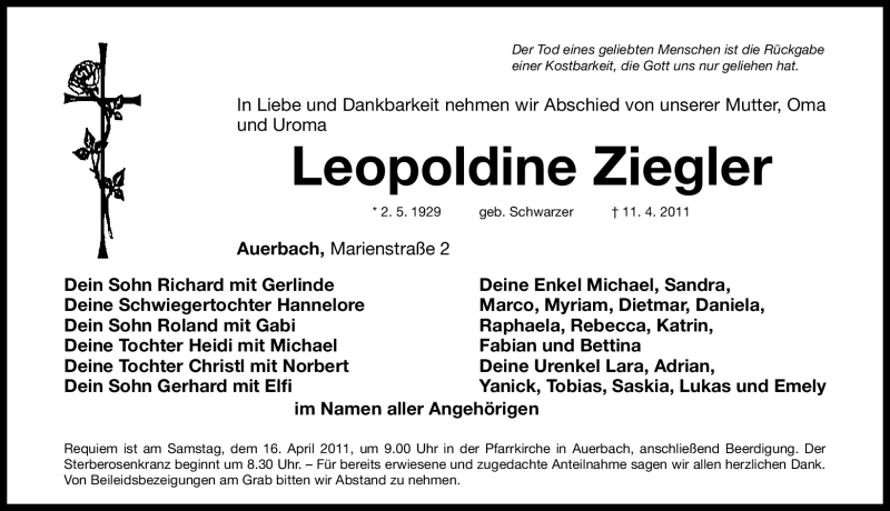  Traueranzeige für Leopoldine Ziegler vom 13.04.2011 aus Nürnberger Nachrichten
