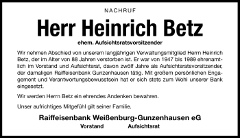 Traueranzeige von Heinrich Betz von Nürnberger Nachrichten