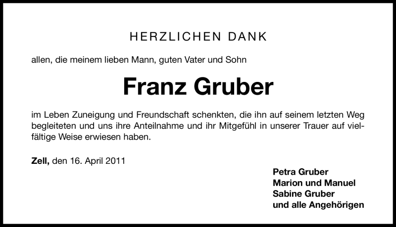  Traueranzeige für Franz Gruber vom 16.04.2011 aus Nürnberger Nachrichten