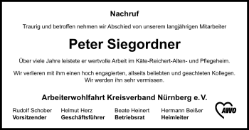 Traueranzeige von Peter Siegordner von Nürnberger Nachrichten
