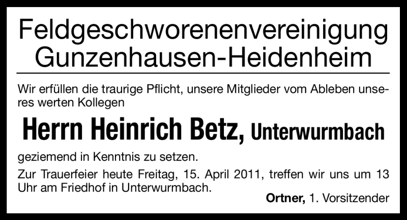  Traueranzeige für Heinrich Betz vom 15.04.2011 aus Nürnberger Nachrichten