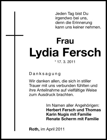 Traueranzeige von Lydia Fersch von Nürnberger Nachrichten