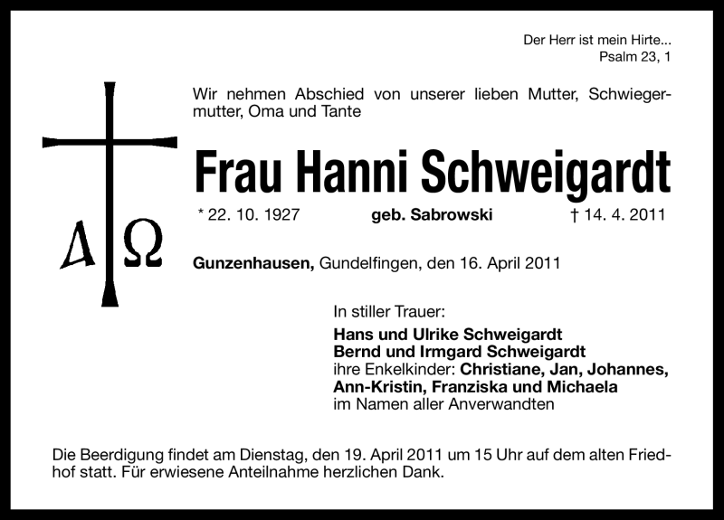  Traueranzeige für Hanni Schweigardt vom 16.04.2011 aus Nürnberger Nachrichten