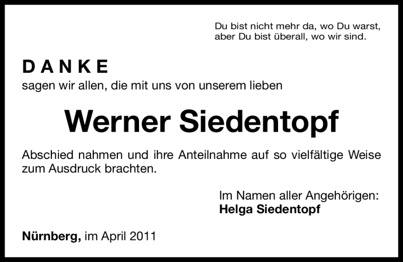 Traueranzeige für Werner Siedentopf vom 16.04.2011 aus Nürnberger Nachrichten