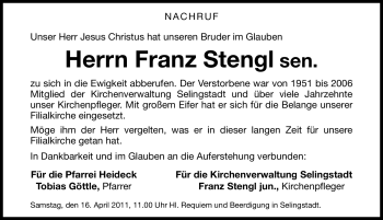 Traueranzeige von Franz Stengl von Nürnberger Nachrichten