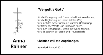 Traueranzeige von Anna Rahner von Nürnberger Nachrichten