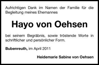 Traueranzeige von Hayo von Oehsen von Nürnberger Nachrichten