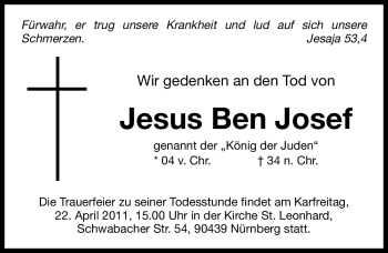 Traueranzeige von Jesus Ben Josef von Nürnberger Nachrichten