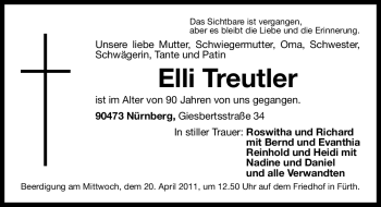 Traueranzeige von Elli Treutler von Nürnberger Nachrichten