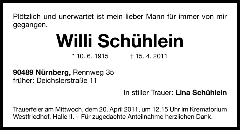  Traueranzeige für Willi Schühlein vom 19.04.2011 aus Nürnberger Nachrichten