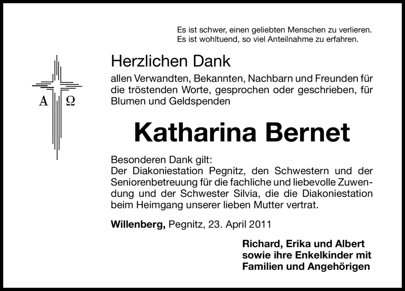  Traueranzeige für Katharina Bernet vom 23.04.2011 aus Nürnberger Nachrichten