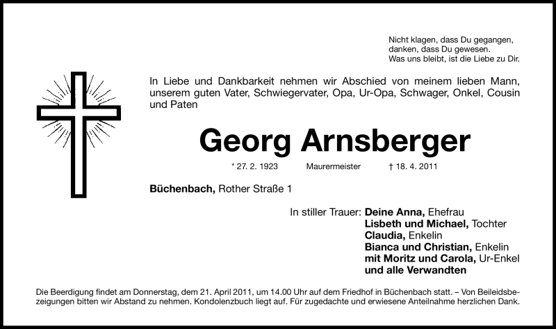  Traueranzeige für Georg Arnsberger vom 20.04.2011 aus Nürnberger Nachrichten
