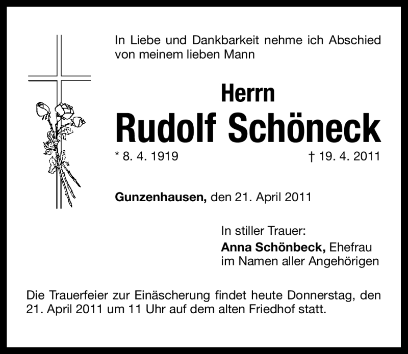  Traueranzeige für Rudolf Schöneck vom 21.04.2011 aus Nürnberger Nachrichten