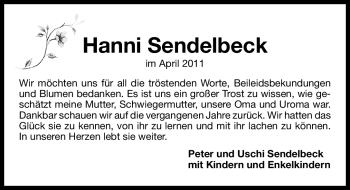 Traueranzeige von Hanni Sendelbeck von Nürnberger Nachrichten