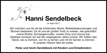 Traueranzeige von Hanni Sendelbeck von Nürnberger Nachrichten